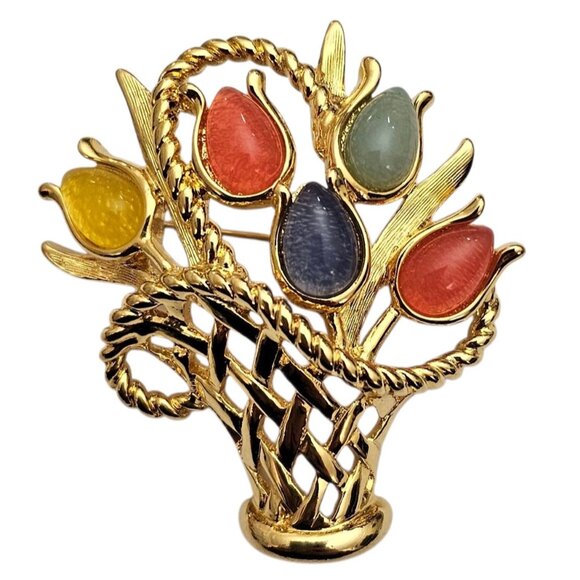 Trifari Jewelry - Trifari TM  Tulip Flower Basket Brooch Pink Yellow Blue Lucite Pin, Signed